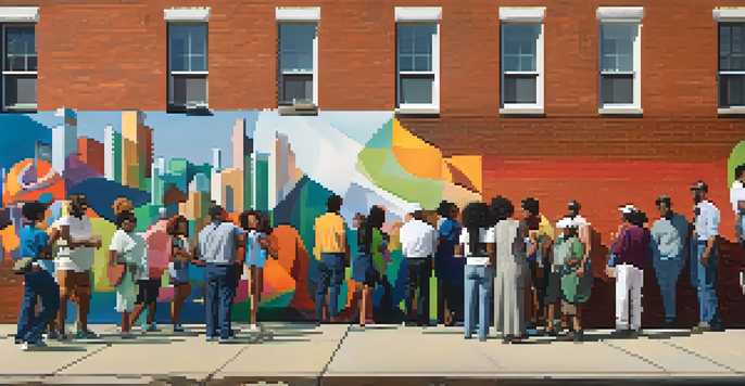 A colorful mural on a brick wall in Detroit with people interacting in the foreground during late afternoon.