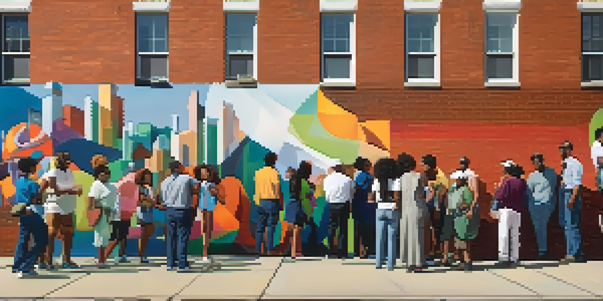 A colorful mural on a brick wall in Detroit with people interacting in the foreground during late afternoon.