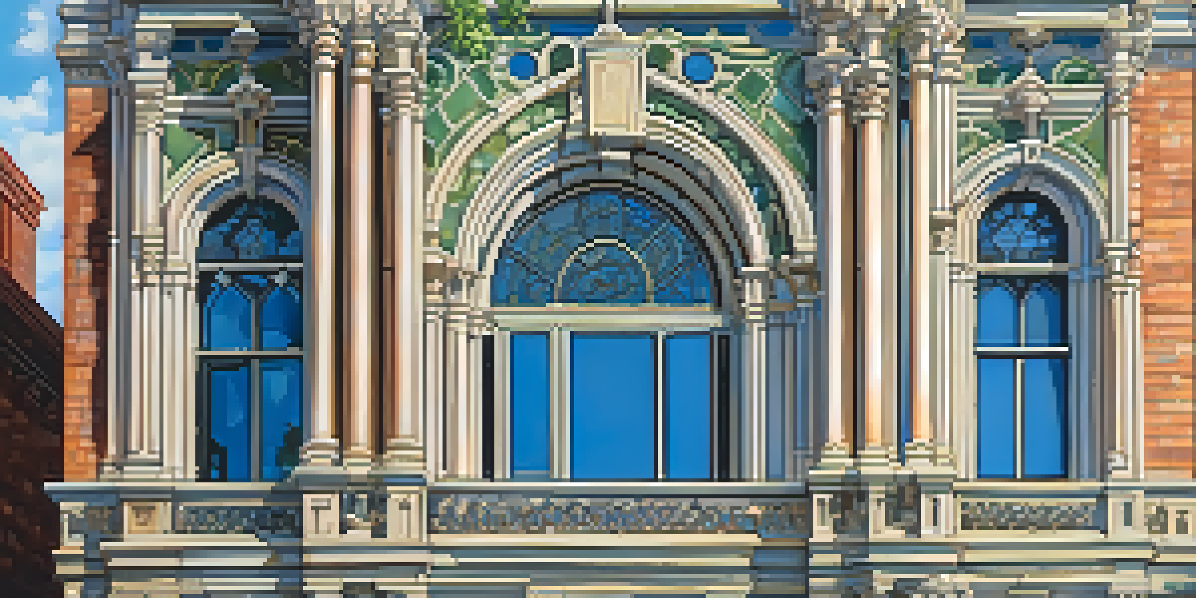 A historic building in Detroit with ornate architecture, surrounded by greenery and illuminated by golden hour light.
