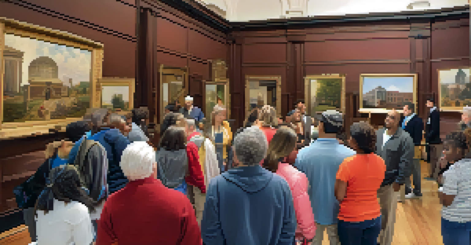 A historical museum tour with diverse visitors engaging with a guide, surrounded by artifacts representing Detroit's history.