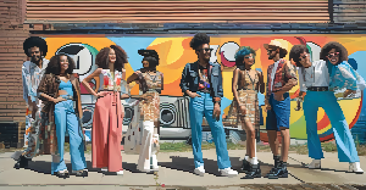 A group of diverse friends in Detroit wearing eclectic vintage outfits in front of a colorful mural, laughing and showcasing their unique styles.
