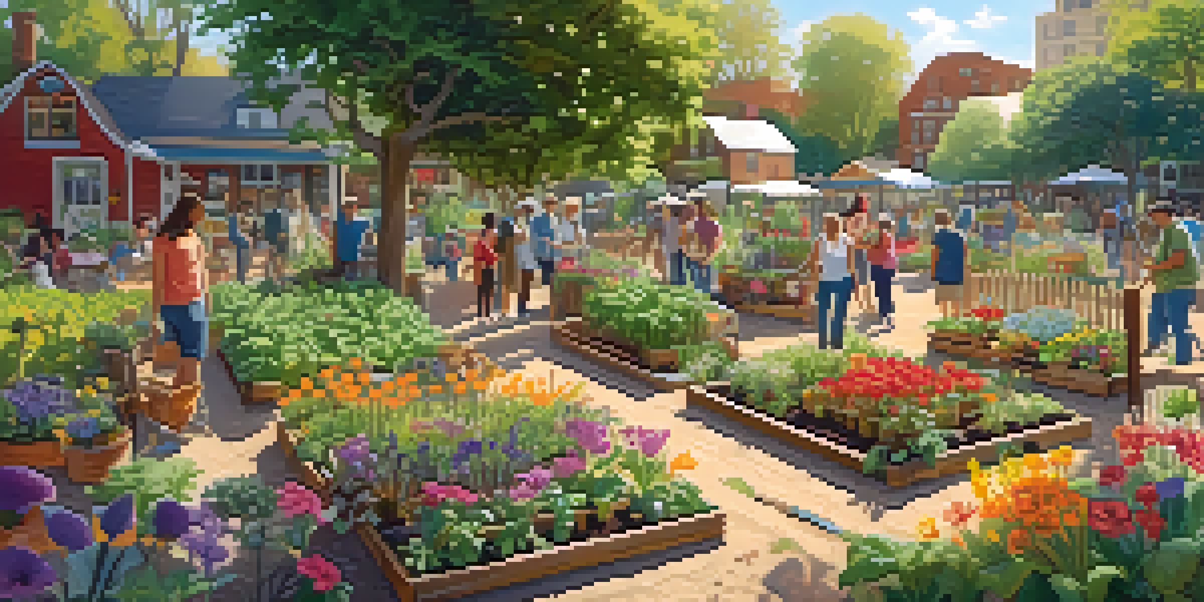 A lively community garden with people of various ages planting and tending to vibrant flowers and vegetables under the warm sunlight.