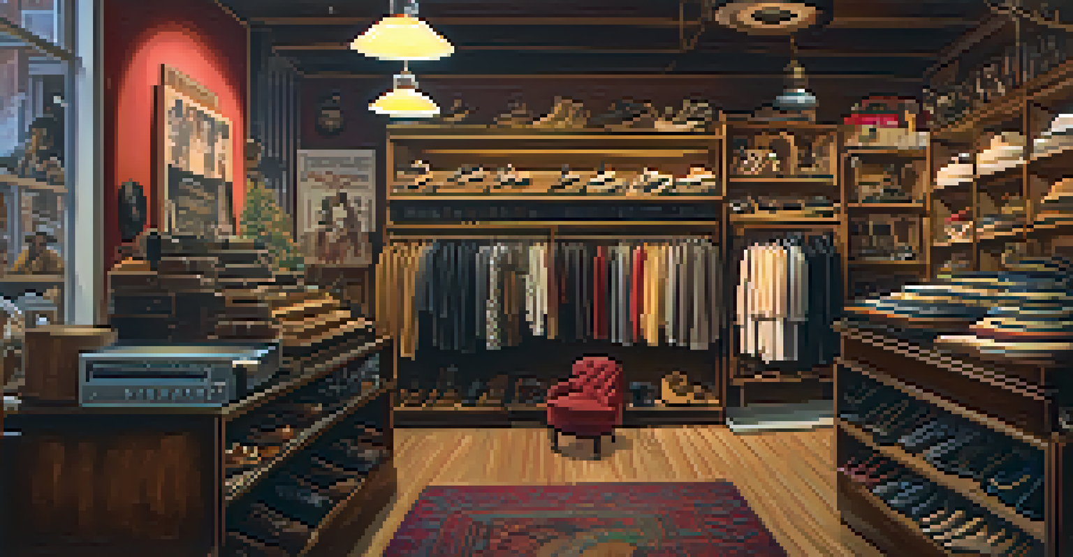 The interior of a cozy vintage shop in Detroit filled with racks of unique clothing and accessories, featuring warm lighting and a nostalgic atmosphere.