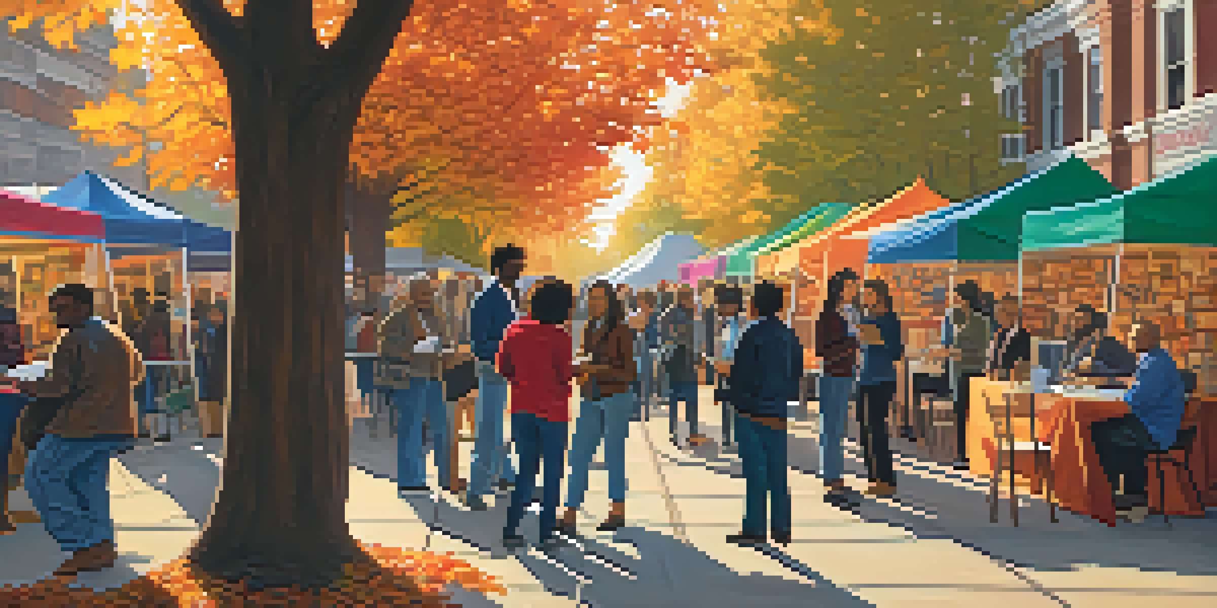 A diverse group of writers discussing at an outdoor literary festival in Detroit, surrounded by colorful banners and book stalls, with autumn leaves and a warm sunset.