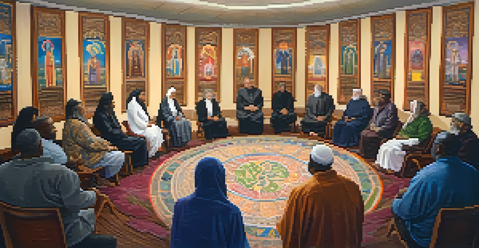 An interfaith dialogue session in a community center in Detroit, featuring a diverse group of individuals engaged in respectful discussion.