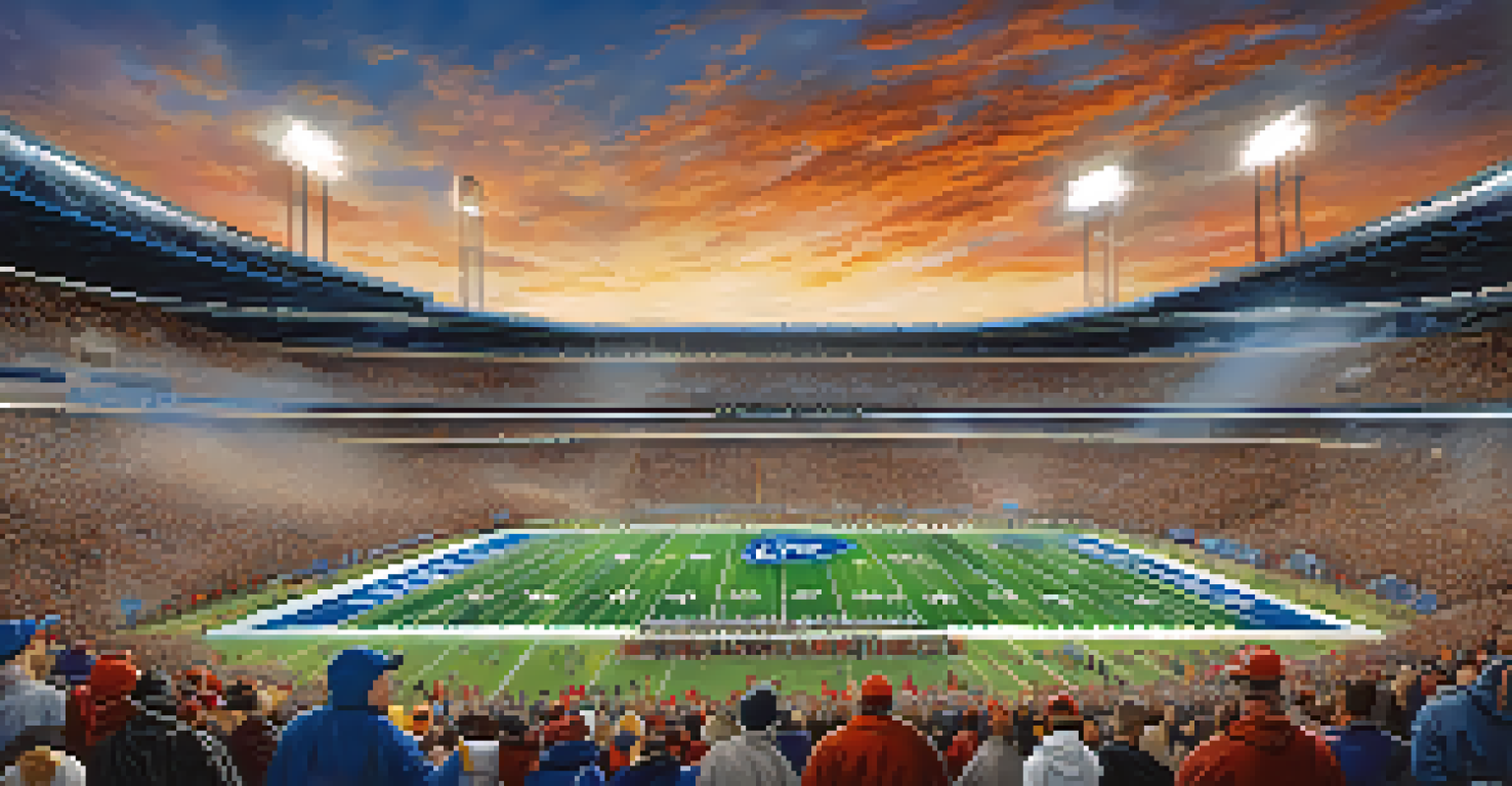 A packed Ford Field on game day, with fans cheering and bright floodlights illuminating the field.