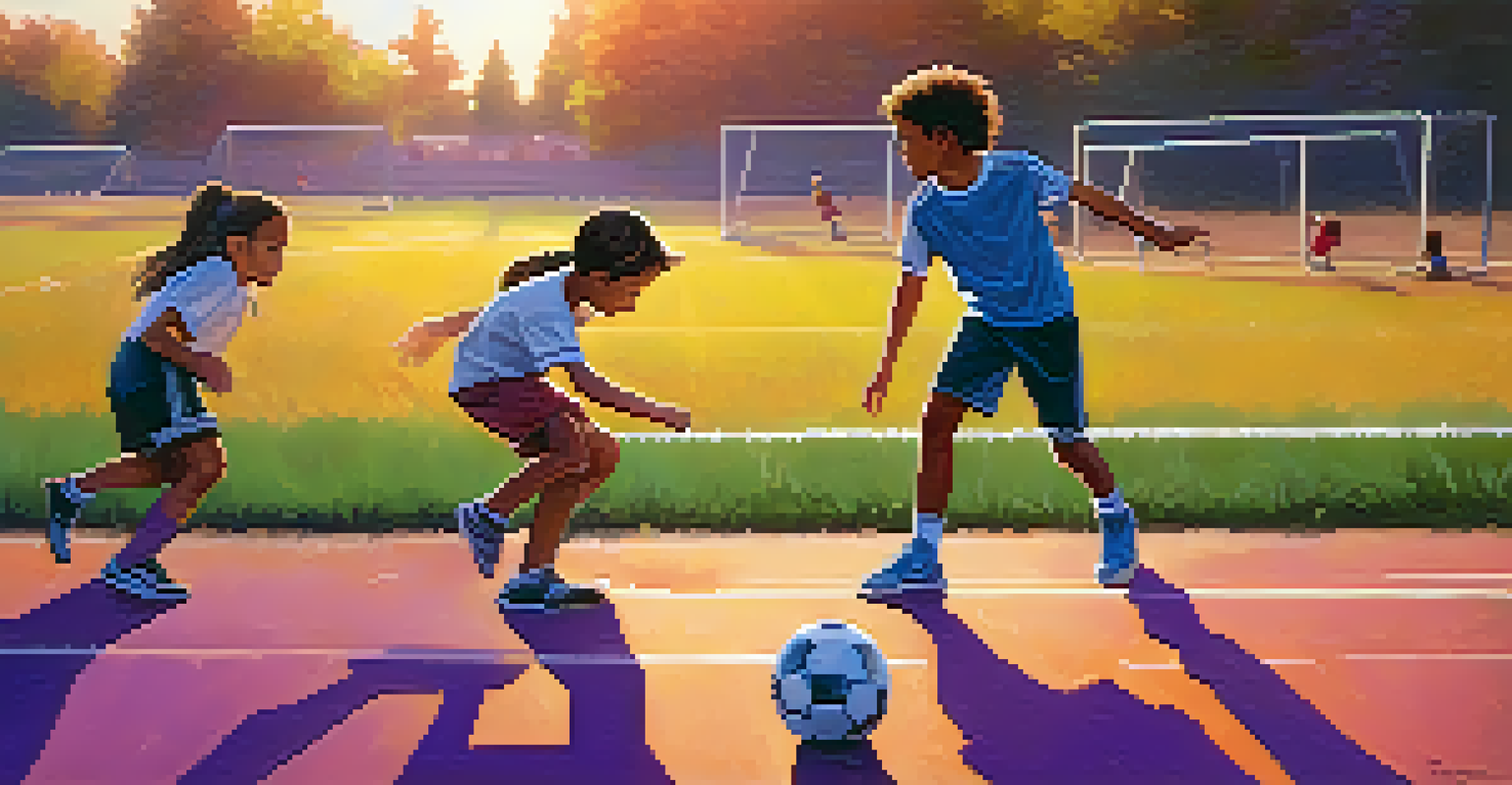 A young girl and boy practicing soccer drills together on a field, with teammates cheering in the background during sunset.