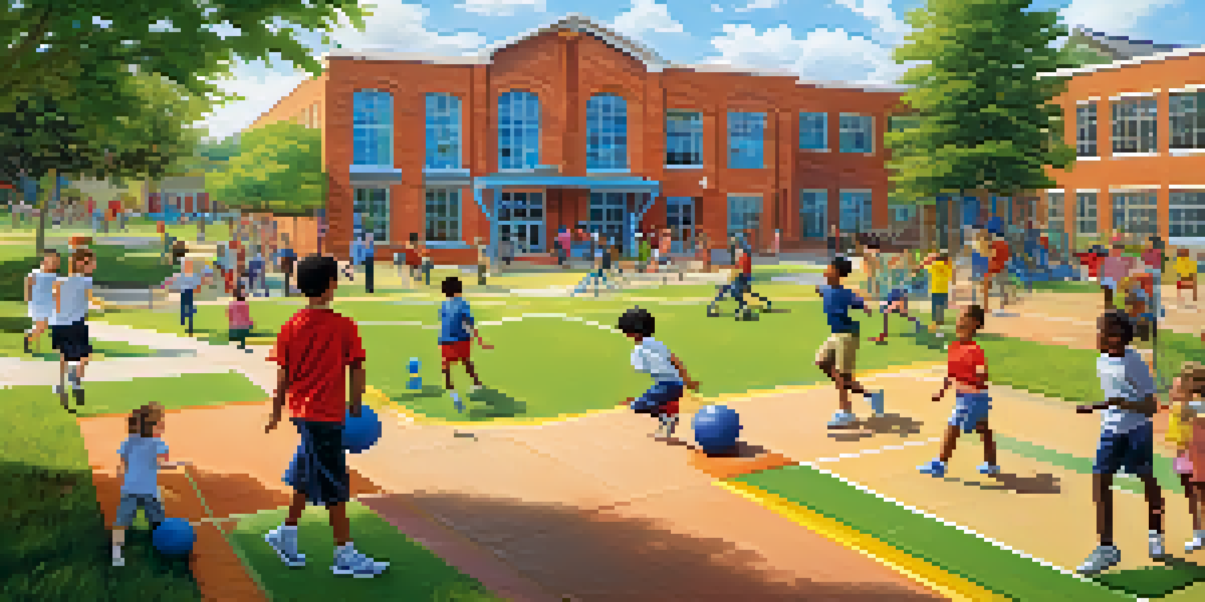 A lively playground filled with children of diverse backgrounds playing together in a school environment, emphasizing physical activity and teamwork.