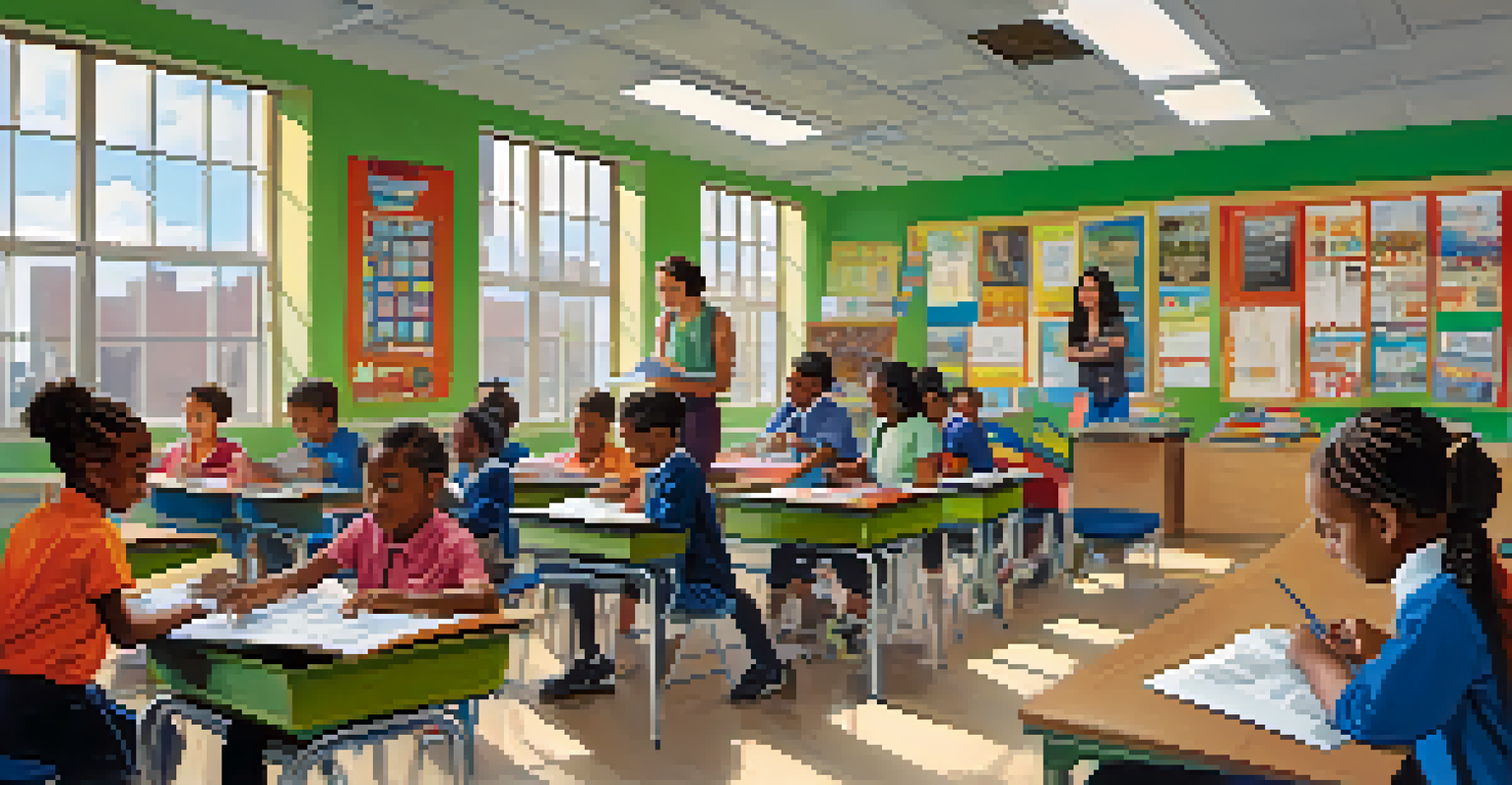 A classroom in Detroit with students of different ages engaged in learning, bright colors, educational materials, and a teacher assisting a student.