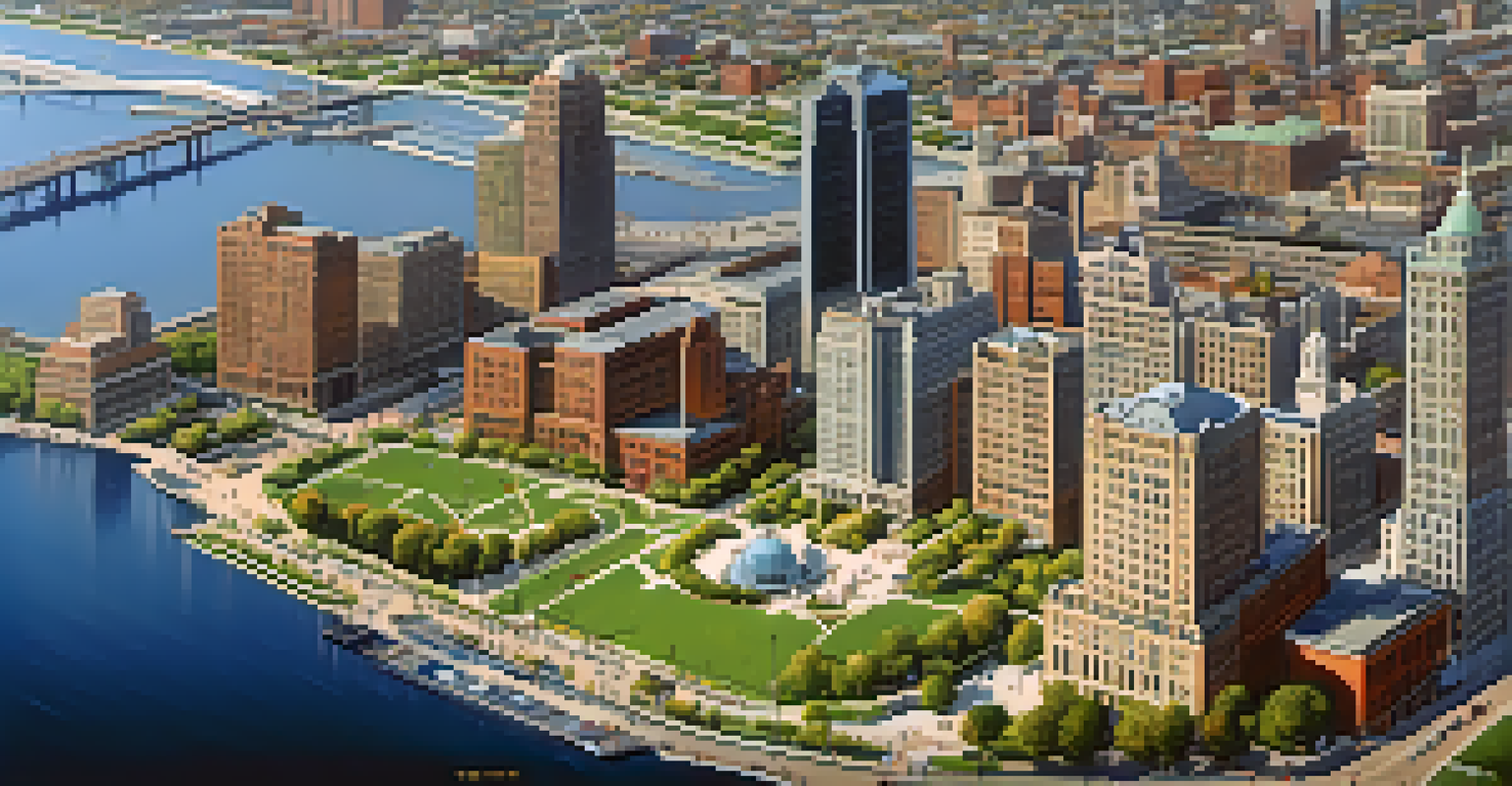 Aerial view of the Detroit Riverfront with landscaped parks and recreational areas filled with people, and the city skyline in the background.