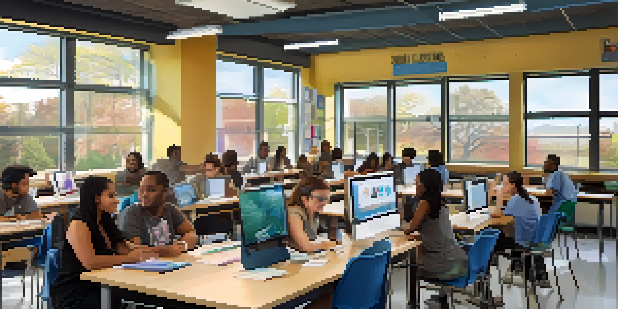 A bright community college classroom with diverse adult learners participating in vocational training, working on computers and collaborating on projects.