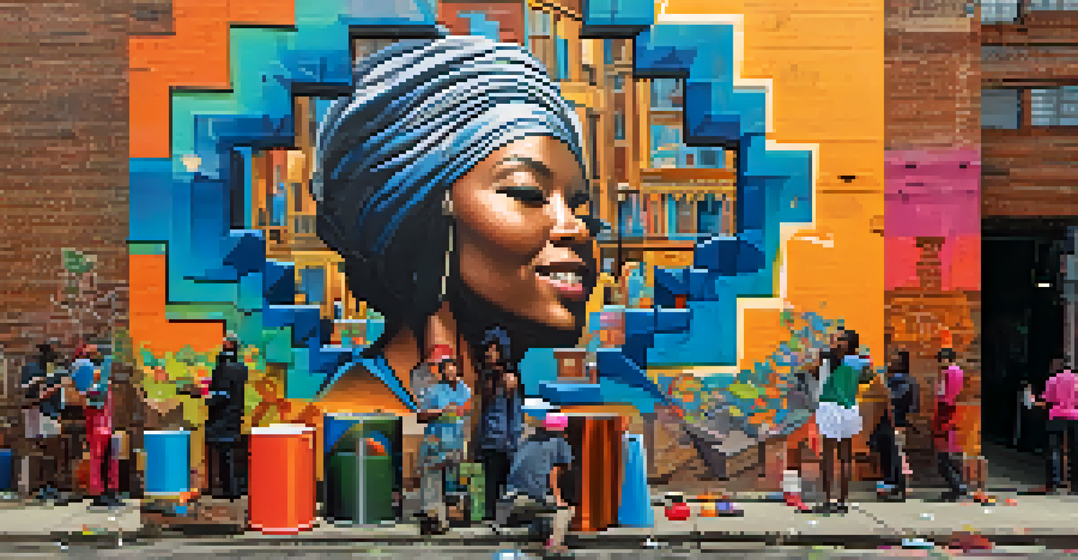 A local artist painting a colorful mural on a brick wall in Detroit, surrounded by onlookers and art supplies.