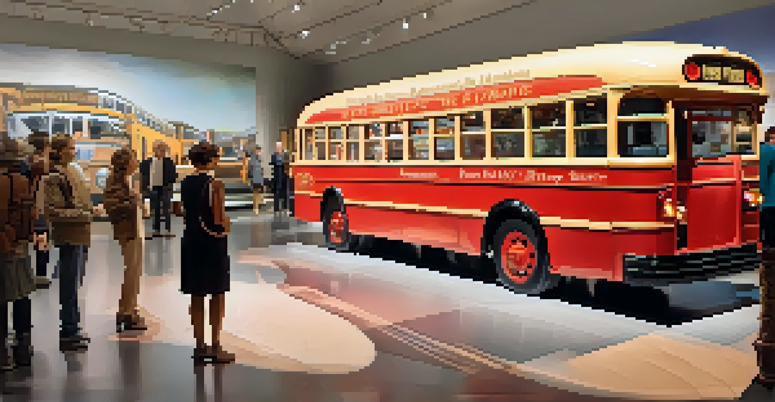 Exhibit at the Henry Ford Museum featuring the Rosa Parks bus and visitors showing interest.
