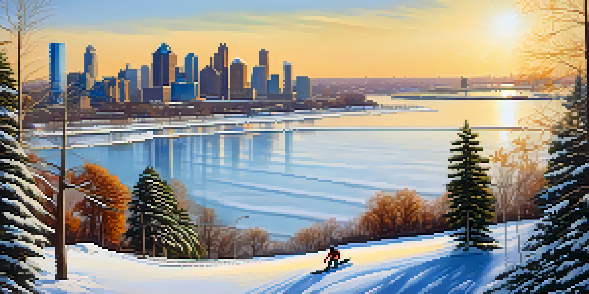 Panoramic view of Belle Isle Park with snowboarders and the Detroit skyline in winter.