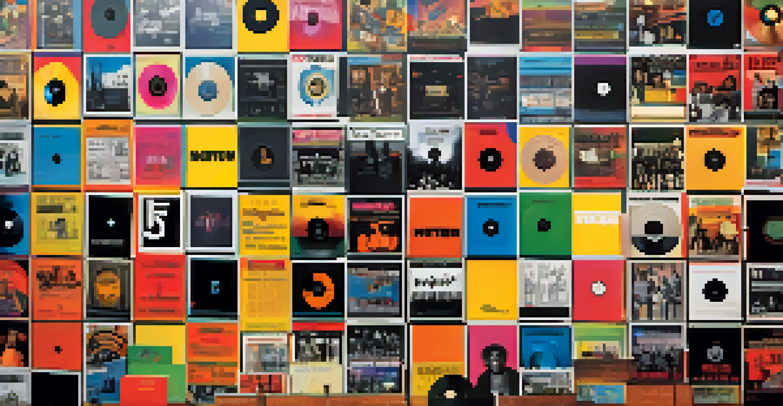 A collage of colorful Motown album covers against a vibrant musical background, showcasing the influence of music on graphic design.