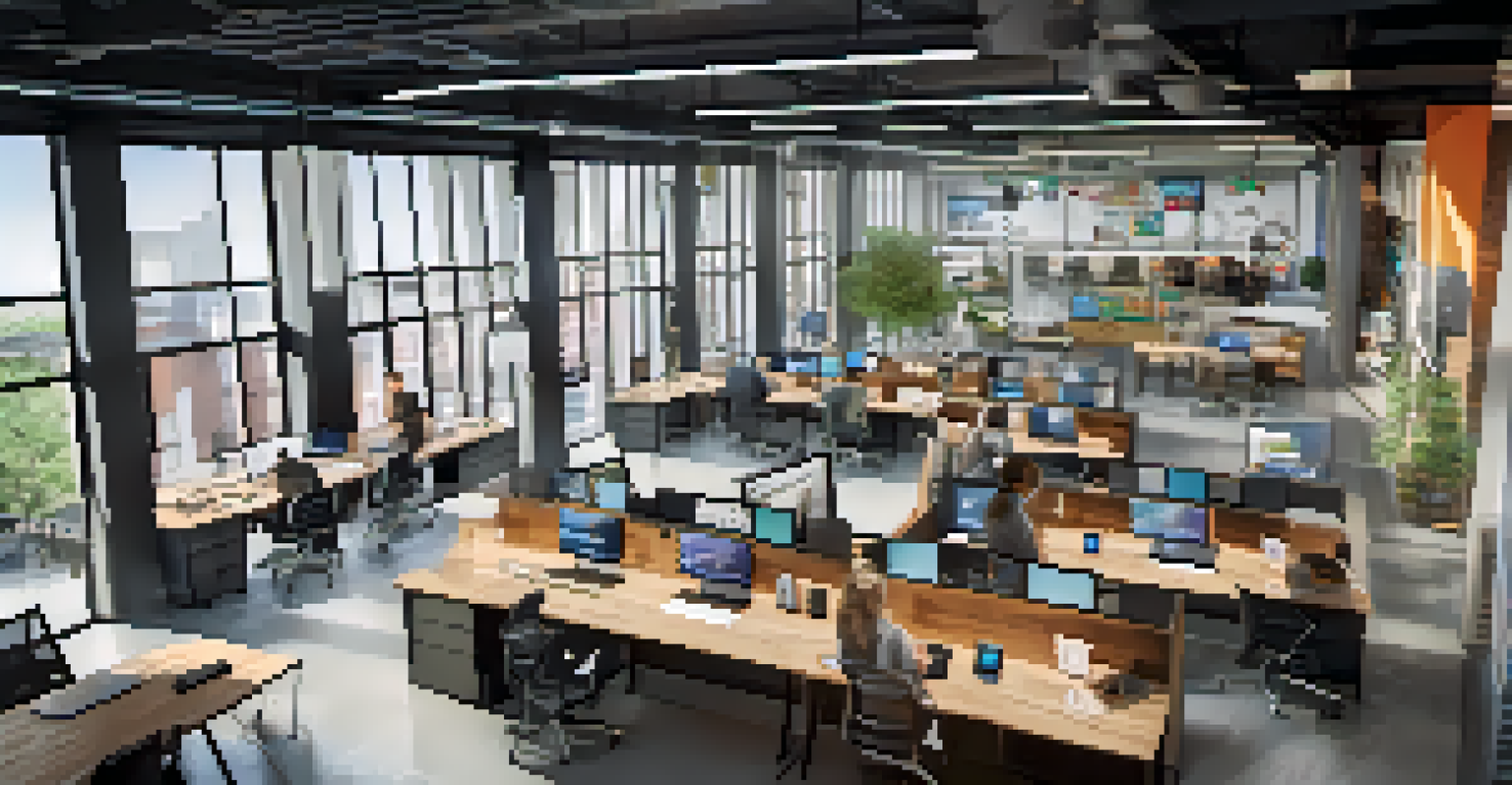 An aerial view of a modern tech workspace in Detroit with people collaborating and working on laptops.