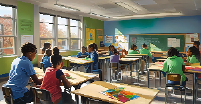 A lively classroom in a Detroit charter school with students collaborating on projects under the guidance of a teacher, illuminated by sunlight.