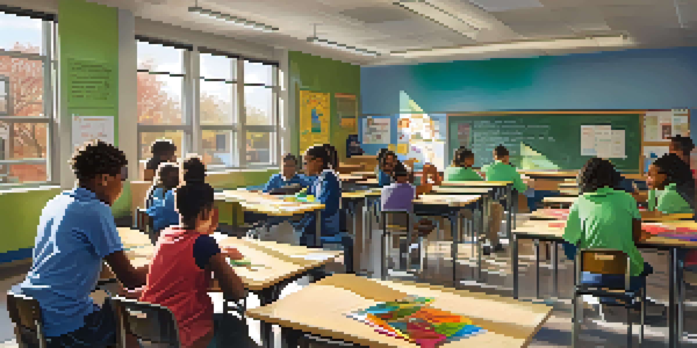 A lively classroom in a Detroit charter school with students collaborating on projects under the guidance of a teacher, illuminated by sunlight.