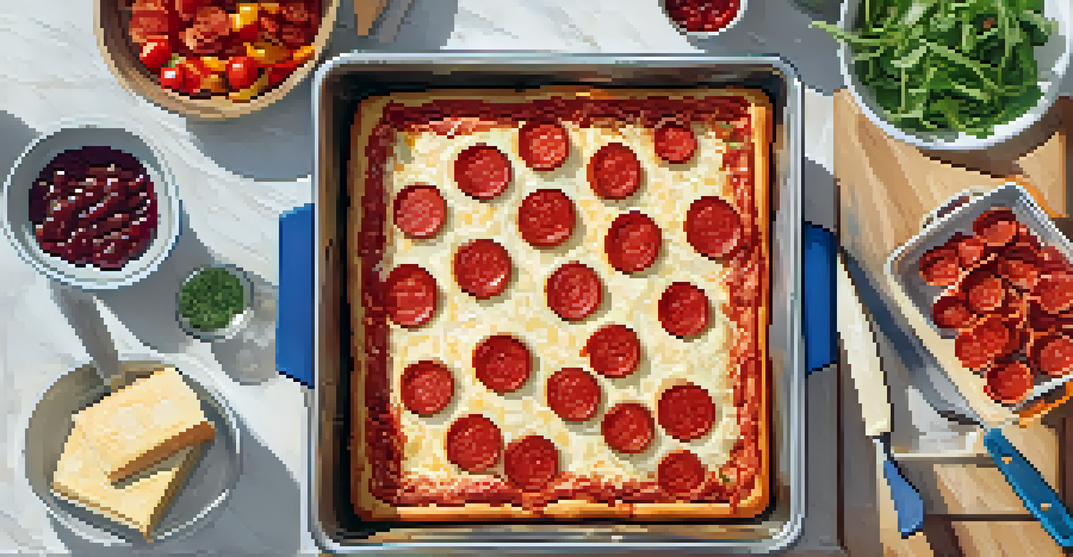 An overhead view of a homemade Detroit-style pizza preparation, showcasing fresh ingredients and a bright kitchen environment.