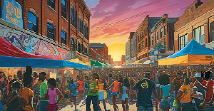 A lively street scene in Detroit during a hip-hop festival, with people enjoying live music and colorful graffiti art in the background.
