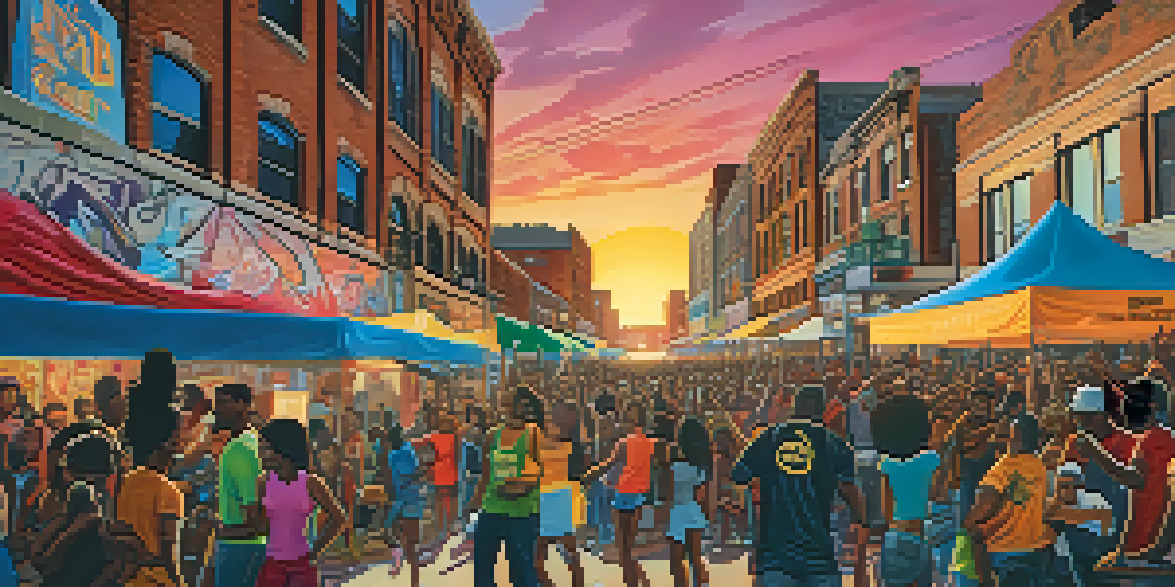 A lively street scene in Detroit during a hip-hop festival, with people enjoying live music and colorful graffiti art in the background.