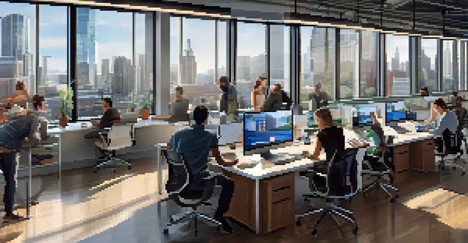 A diverse team collaborating in a tech startup office in Detroit, with a view of the city through large windows and modern decor.