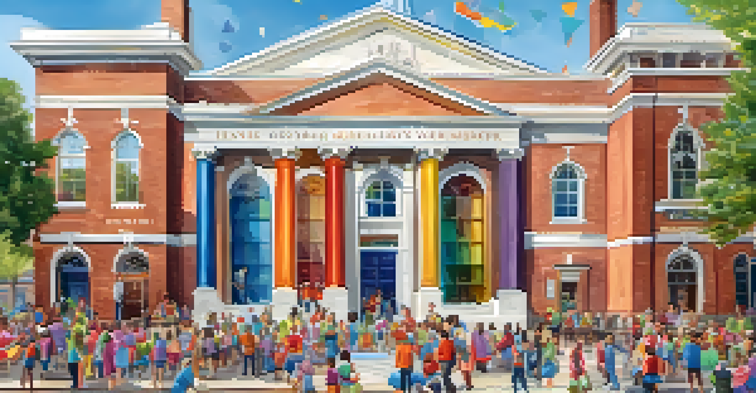 A community event outside a historic library, featuring storytelling and art workshops with diverse people and children engaged in activities.