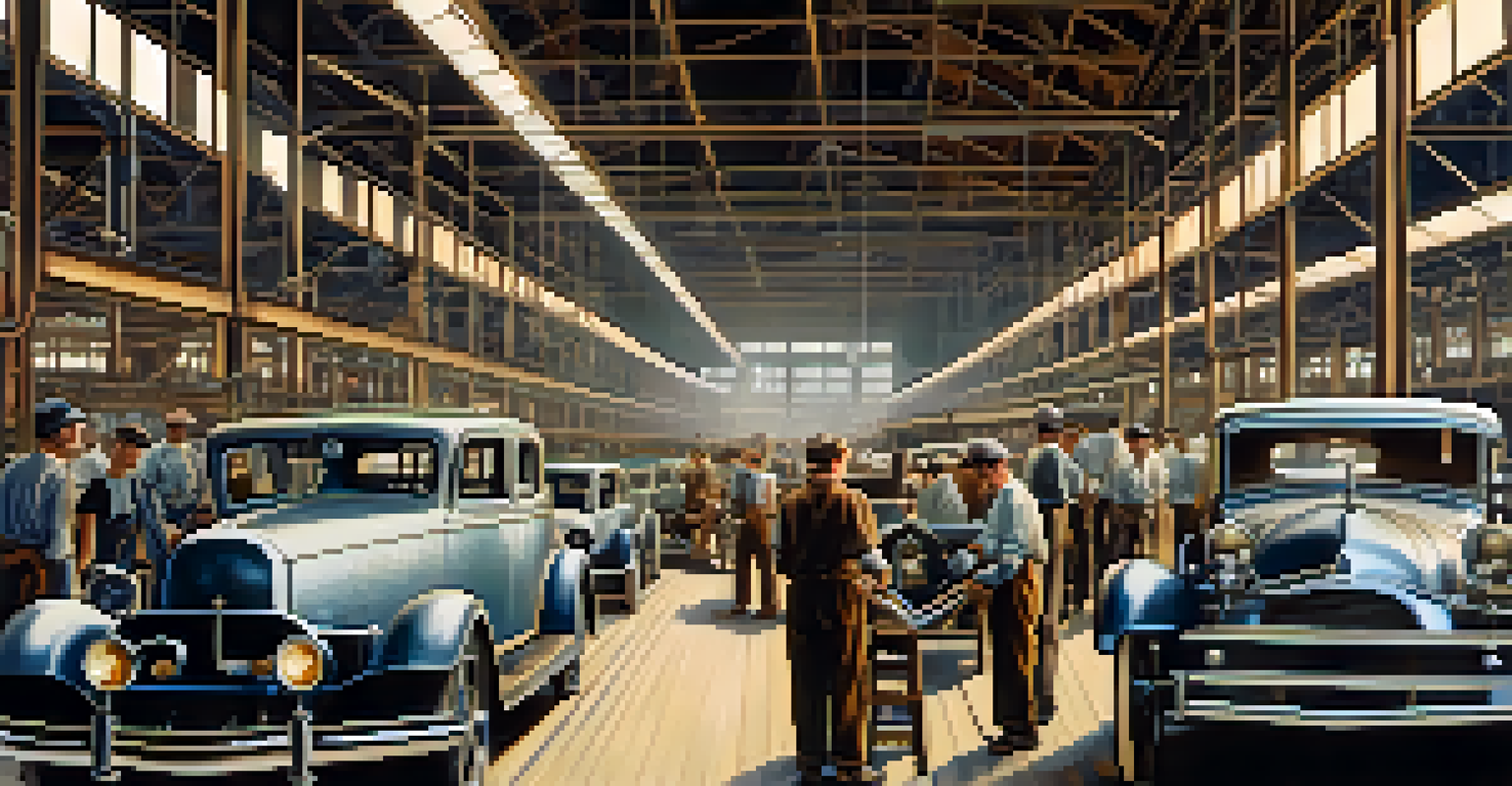 An interior view of a 1910s automotive assembly line with workers assembling cars.