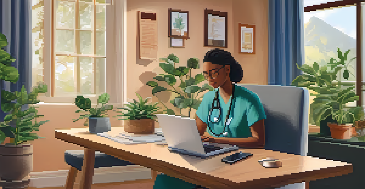 A resident participating in a telehealth consultation at home, using a laptop in a cozy and inviting environment.