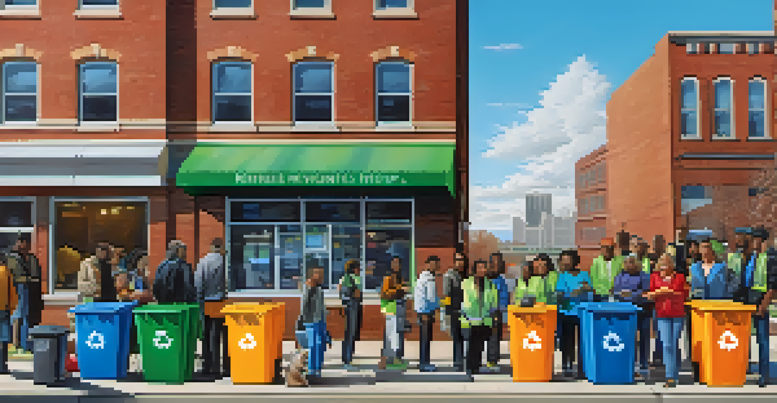 Residents in Detroit using smart recycling bins and a mobile app in an urban setting with a modern cityscape in the background.