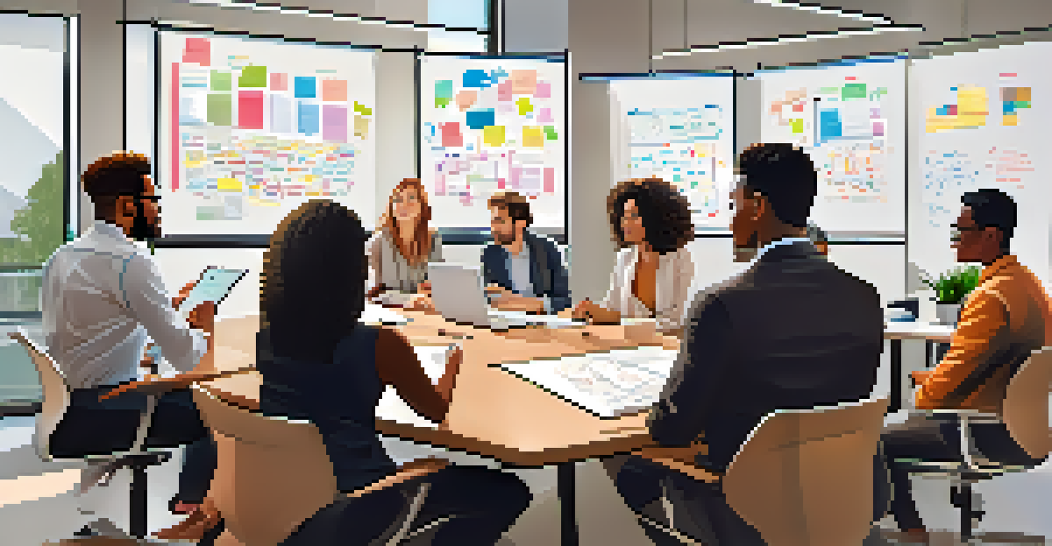 A diverse group of young professionals collaborating in a bright office space, with whiteboards full of notes and a lively atmosphere.