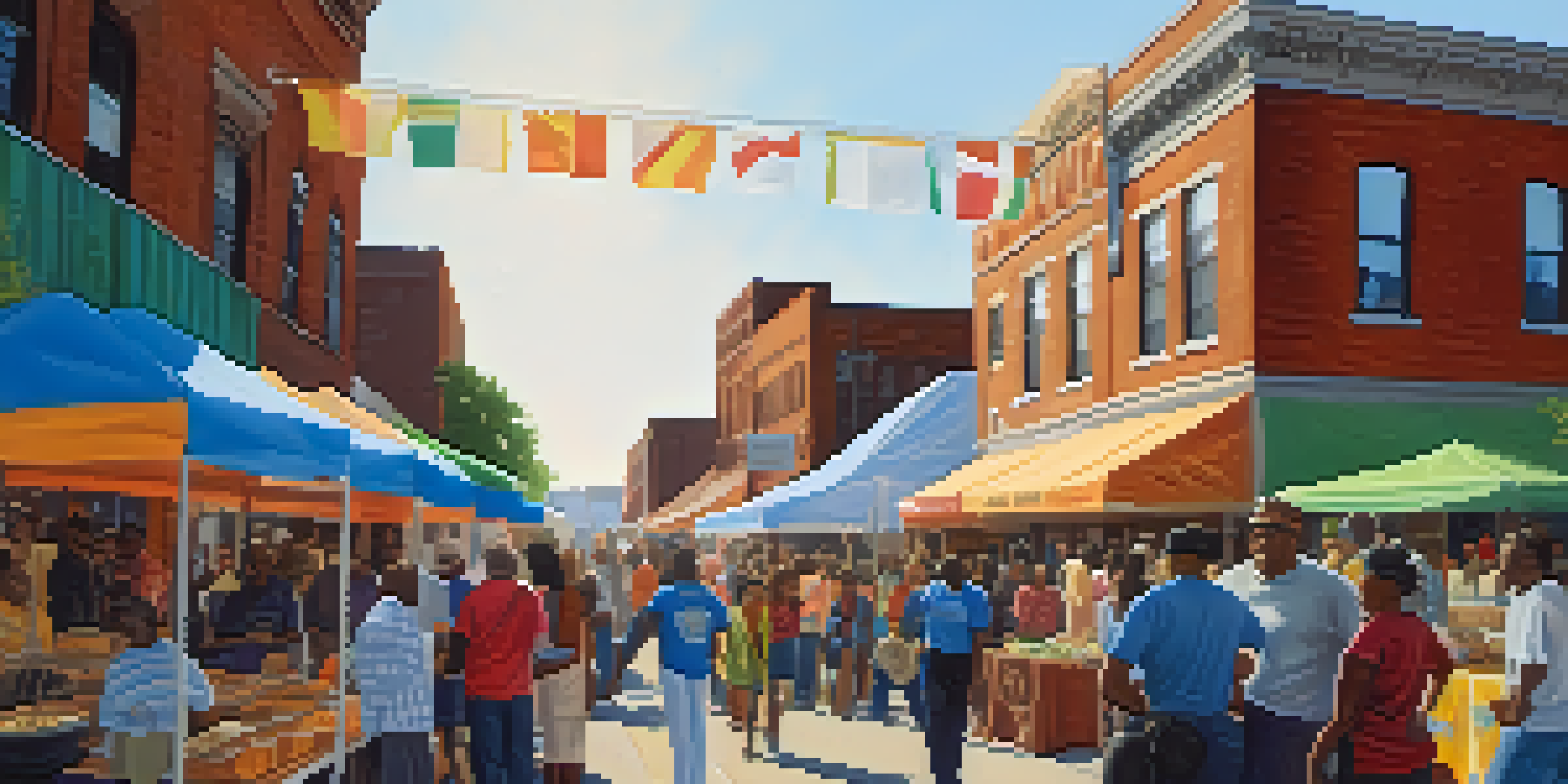 A lively community event in Detroit with diverse residents, colorful banners, and local artists showcasing their work under warm sunlight.