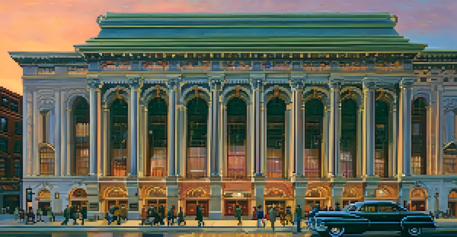 Exterior view of the Detroit Opera House at dusk, featuring illuminated architecture and a colorful sunset.