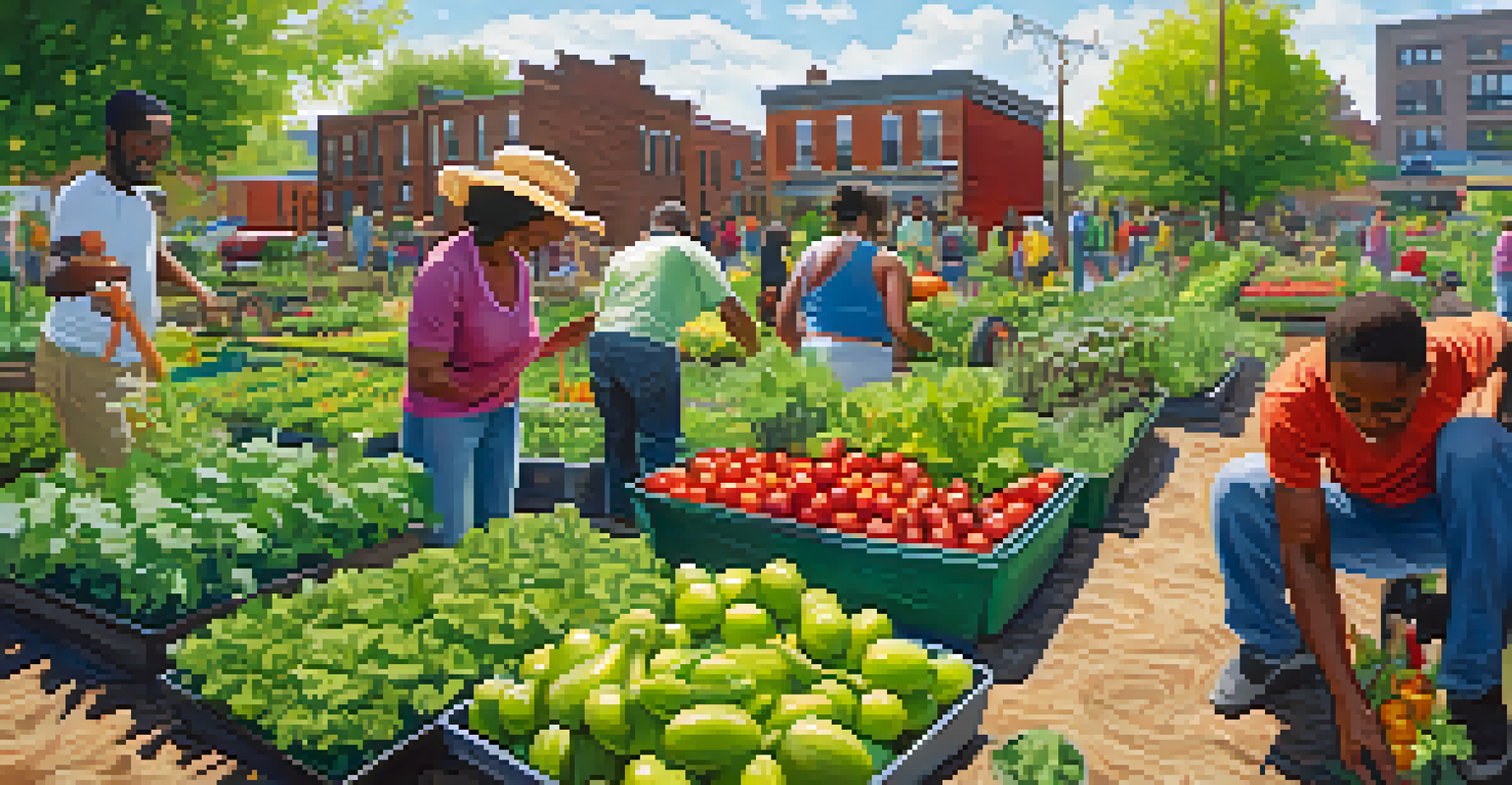 Residents working in a community garden in Detroit, surrounded by greenery and vegetables, with city buildings in the background under bright sunlight.