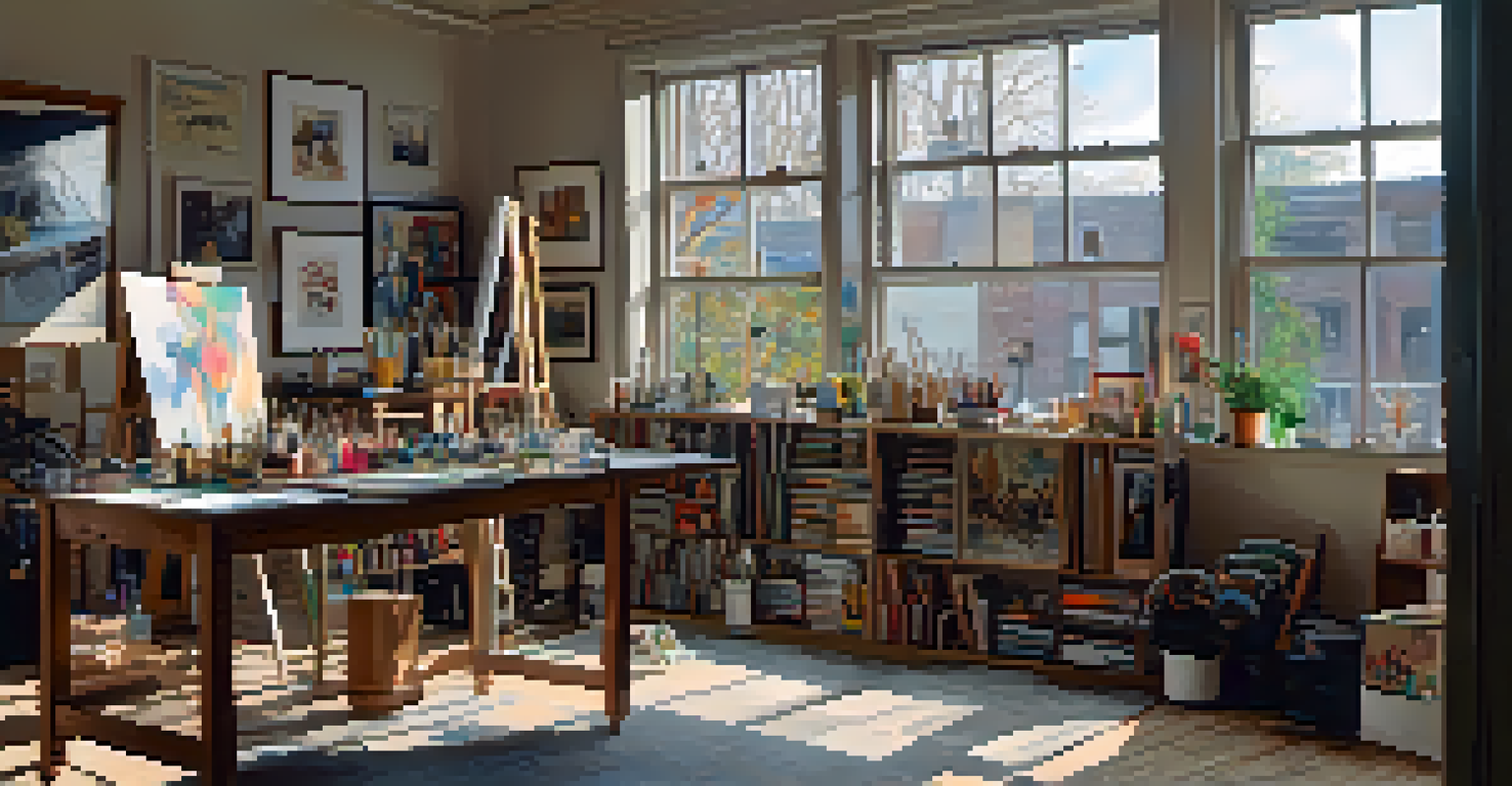 An artist's studio in Detroit filled with art supplies and artworks, with natural light streaming through windows and the artist at work.