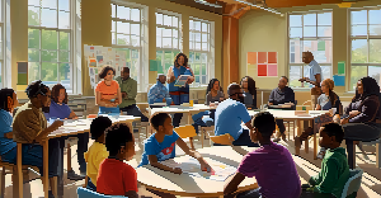 A workshop session in a Detroit community center with diverse parents and activists discussing school reform strategies around a table, illuminated by natural light.