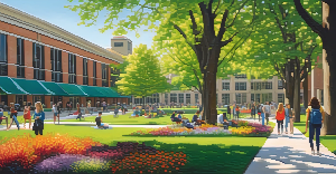 A lively university campus in Detroit with diverse students talking outside a modern building, surrounded by greenery and flowers.