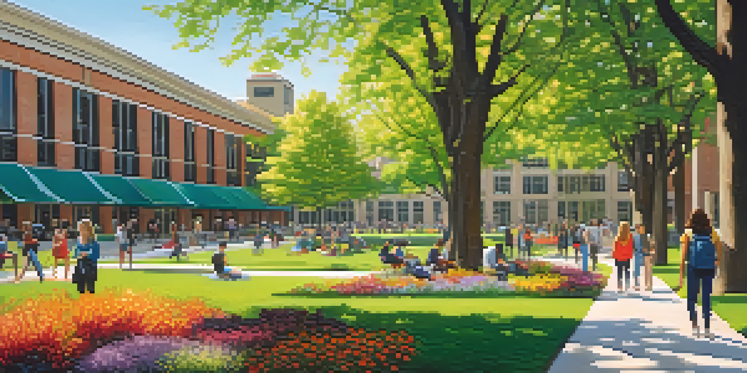 A lively university campus in Detroit with diverse students talking outside a modern building, surrounded by greenery and flowers.