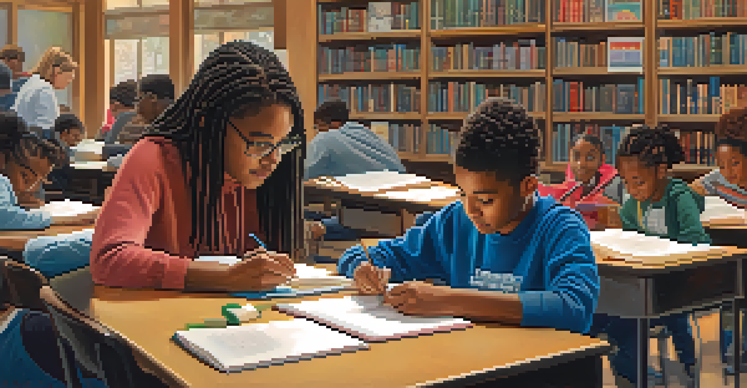 Students receiving homework help from a tutor in a cozy Detroit library setting, surrounded by books.