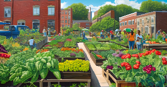 A lively community garden in Detroit with people of various backgrounds working on colorful plants and flowers under the sun, surrounded by murals and greenery.