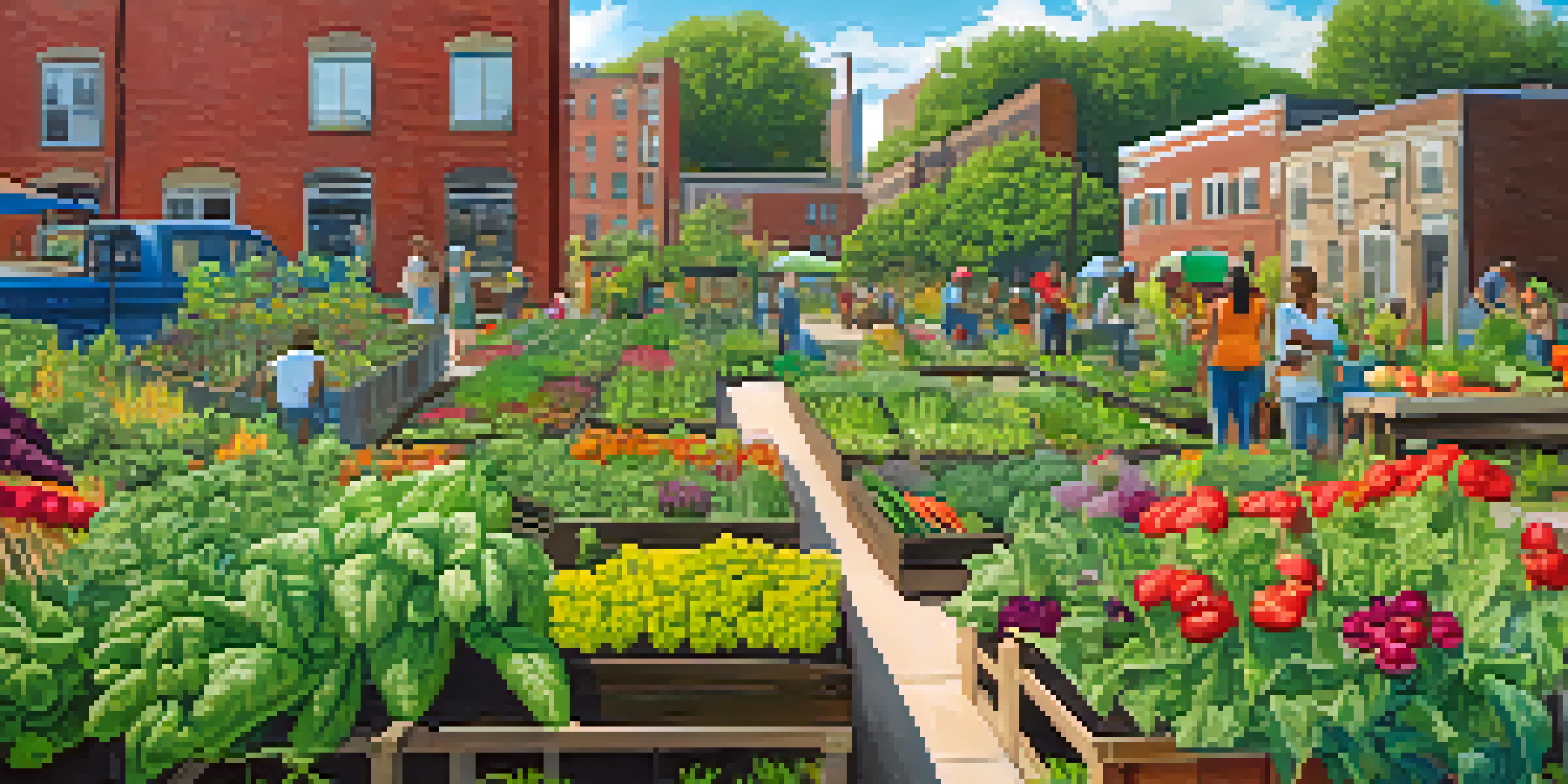 A lively community garden in Detroit with people of various backgrounds working on colorful plants and flowers under the sun, surrounded by murals and greenery.