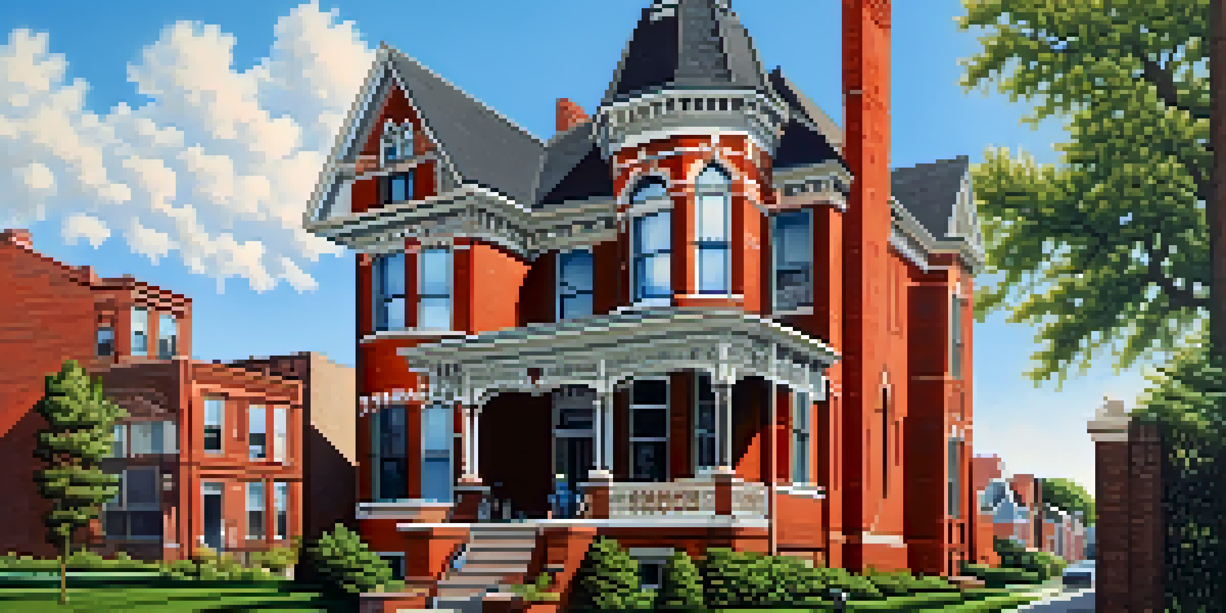 A close-up of a restored Victorian home in Corktown, Detroit, featuring detailed brickwork and surrounded by greenery.