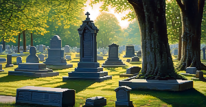 A historic cemetery in Detroit with weathered gravestones and lush greenery, illuminated by soft golden hour light.