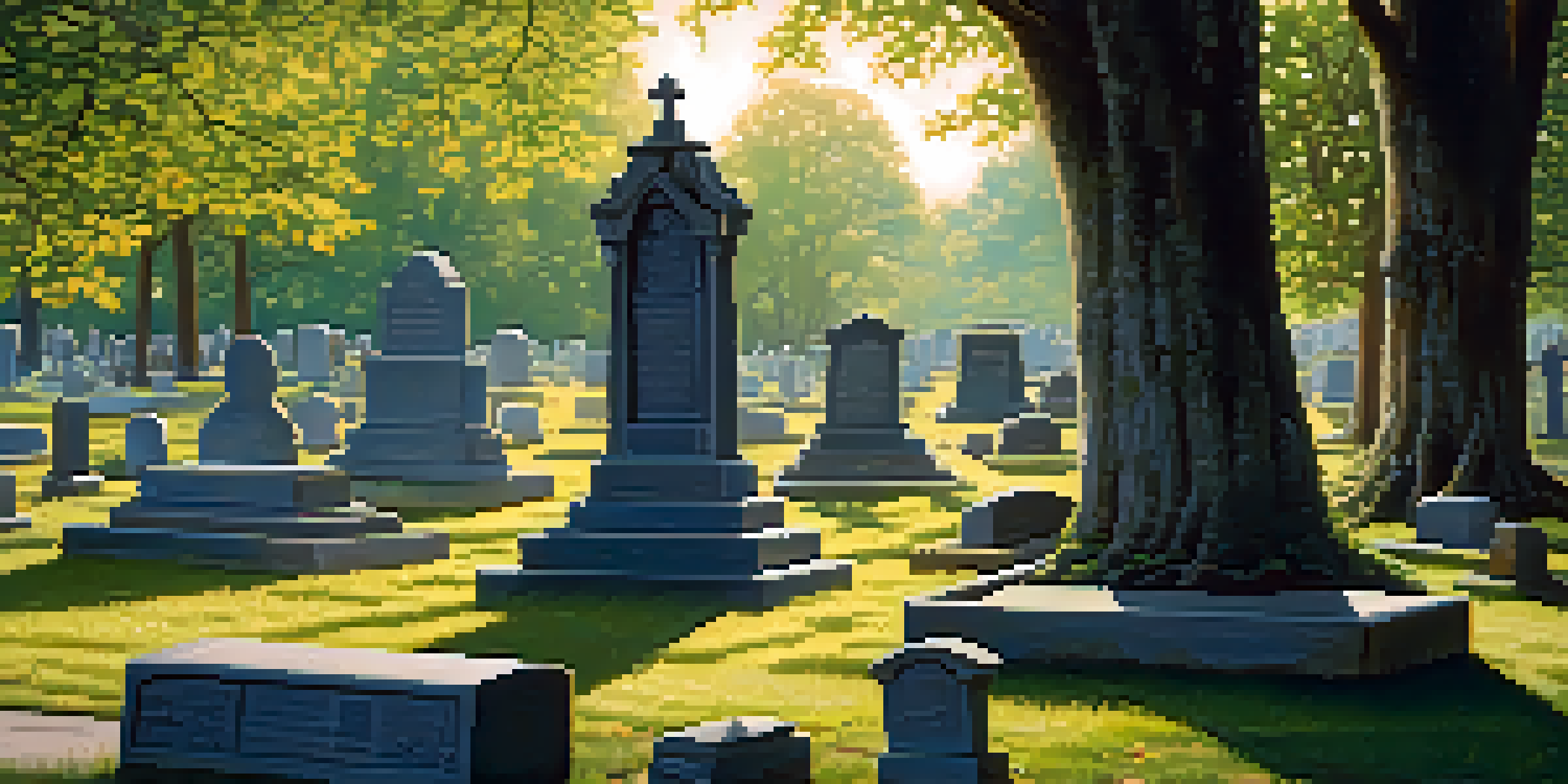 A historic cemetery in Detroit with weathered gravestones and lush greenery, illuminated by soft golden hour light.