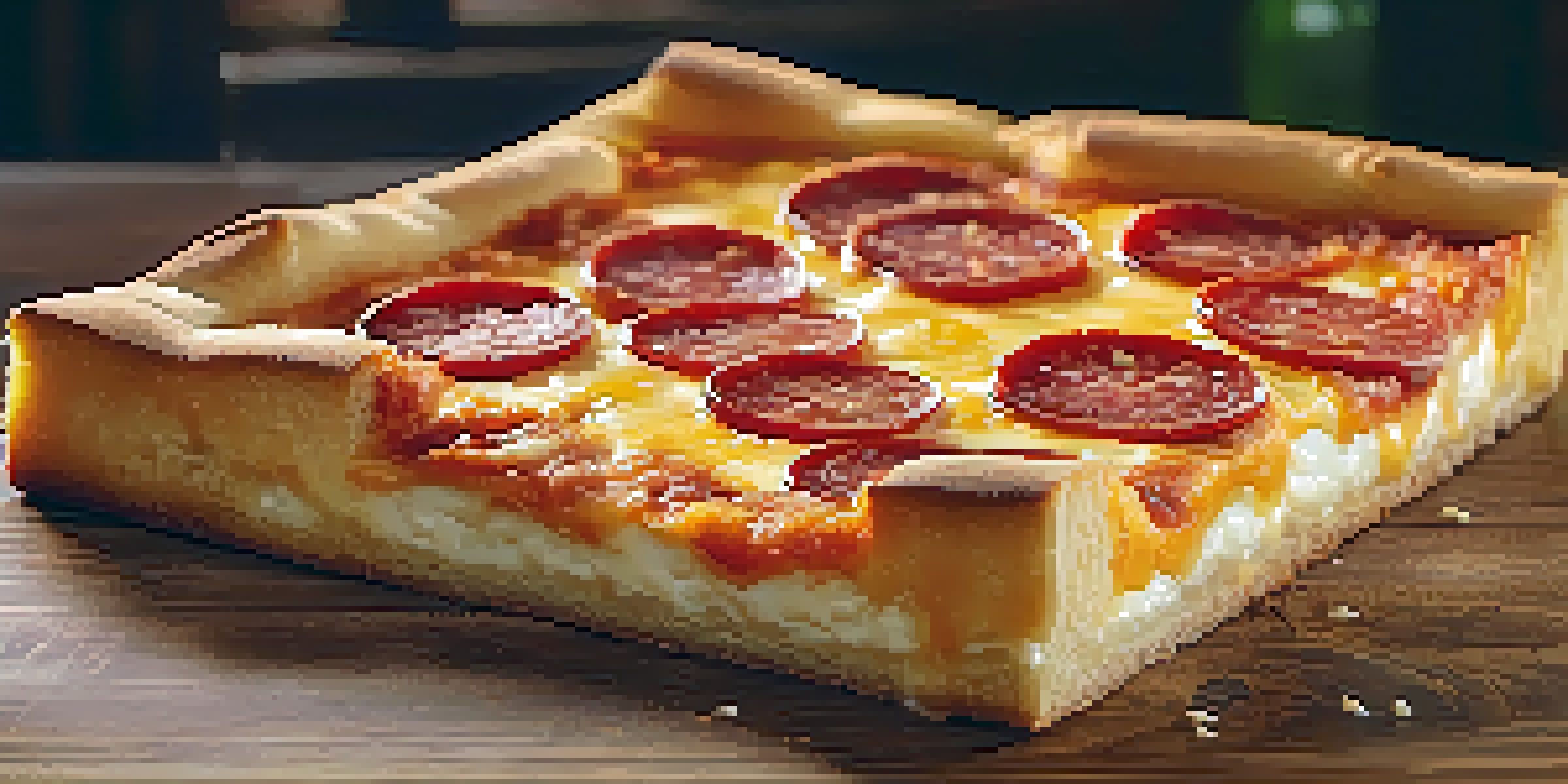 A close-up of a delicious Detroit-style pizza with a crispy crust and melted cheese, set on a wooden table.