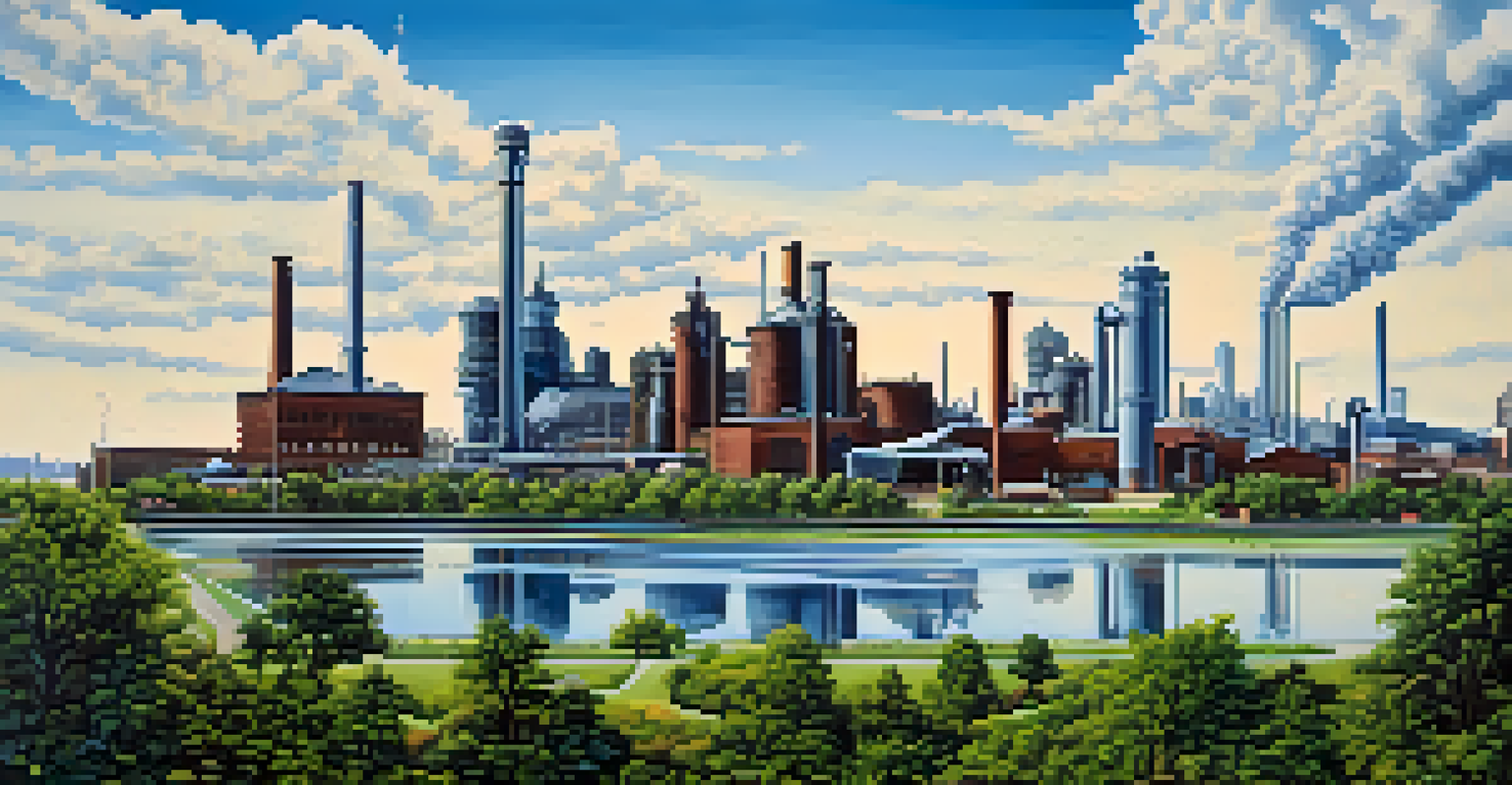 A panoramic view of Detroit's skyline blending industrial plants and green spaces, representing the city's growth and challenges amid automation.