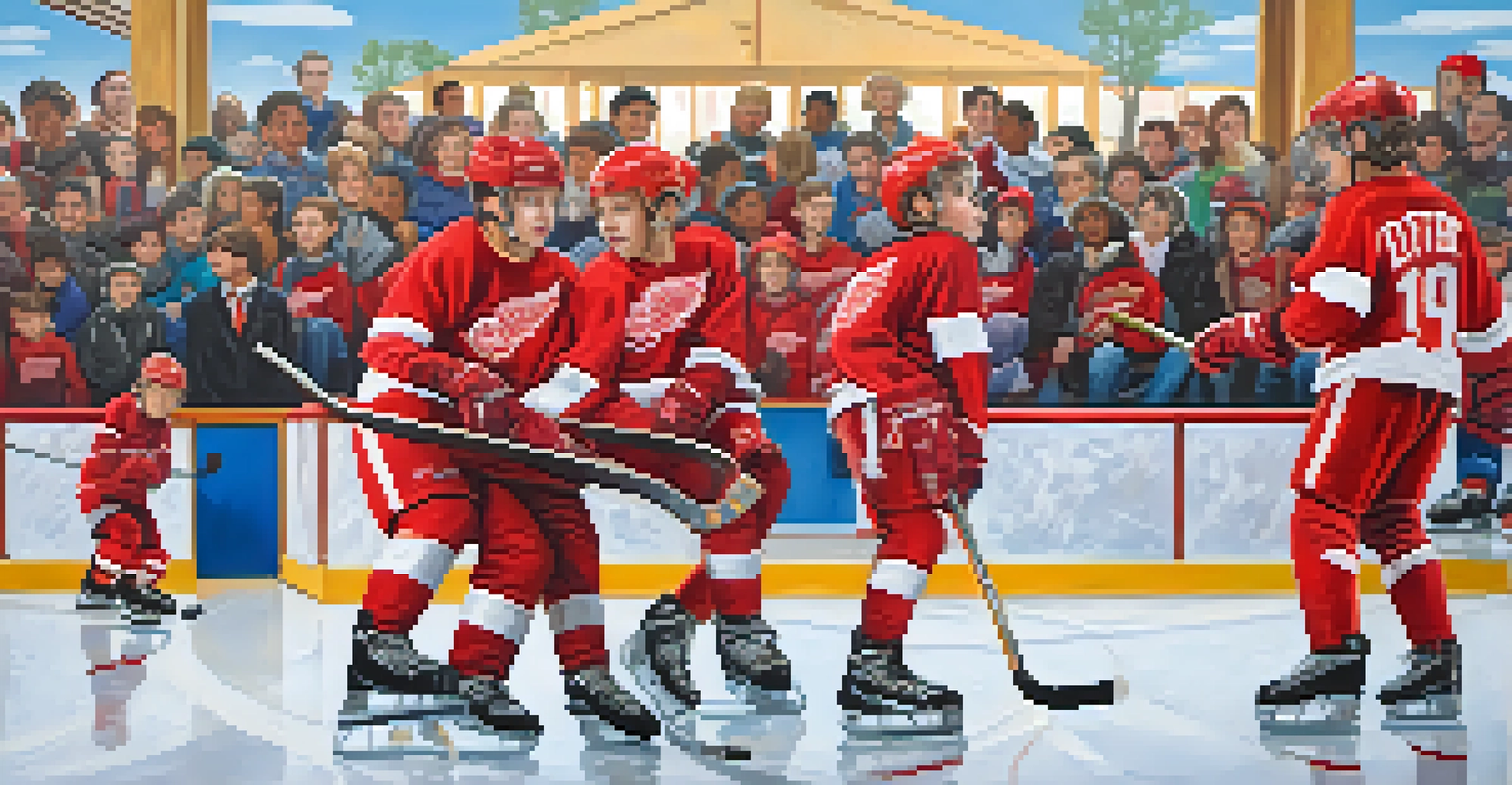 Young hockey players practicing on the ice with colorful murals in the background.