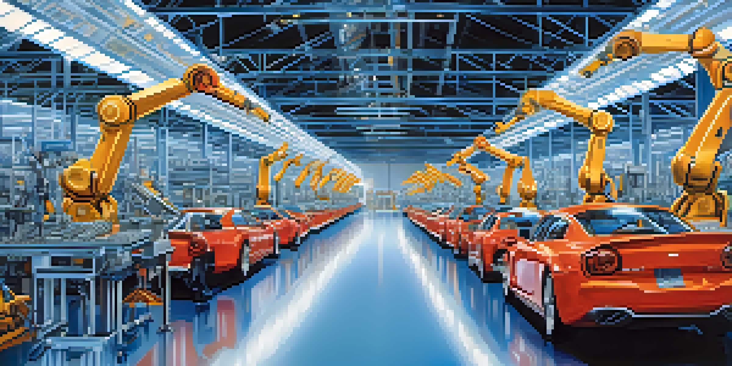 A modern automotive assembly line in Detroit with robotic arms at work, illuminated by bright lights, highlighting the efficiency of automation.