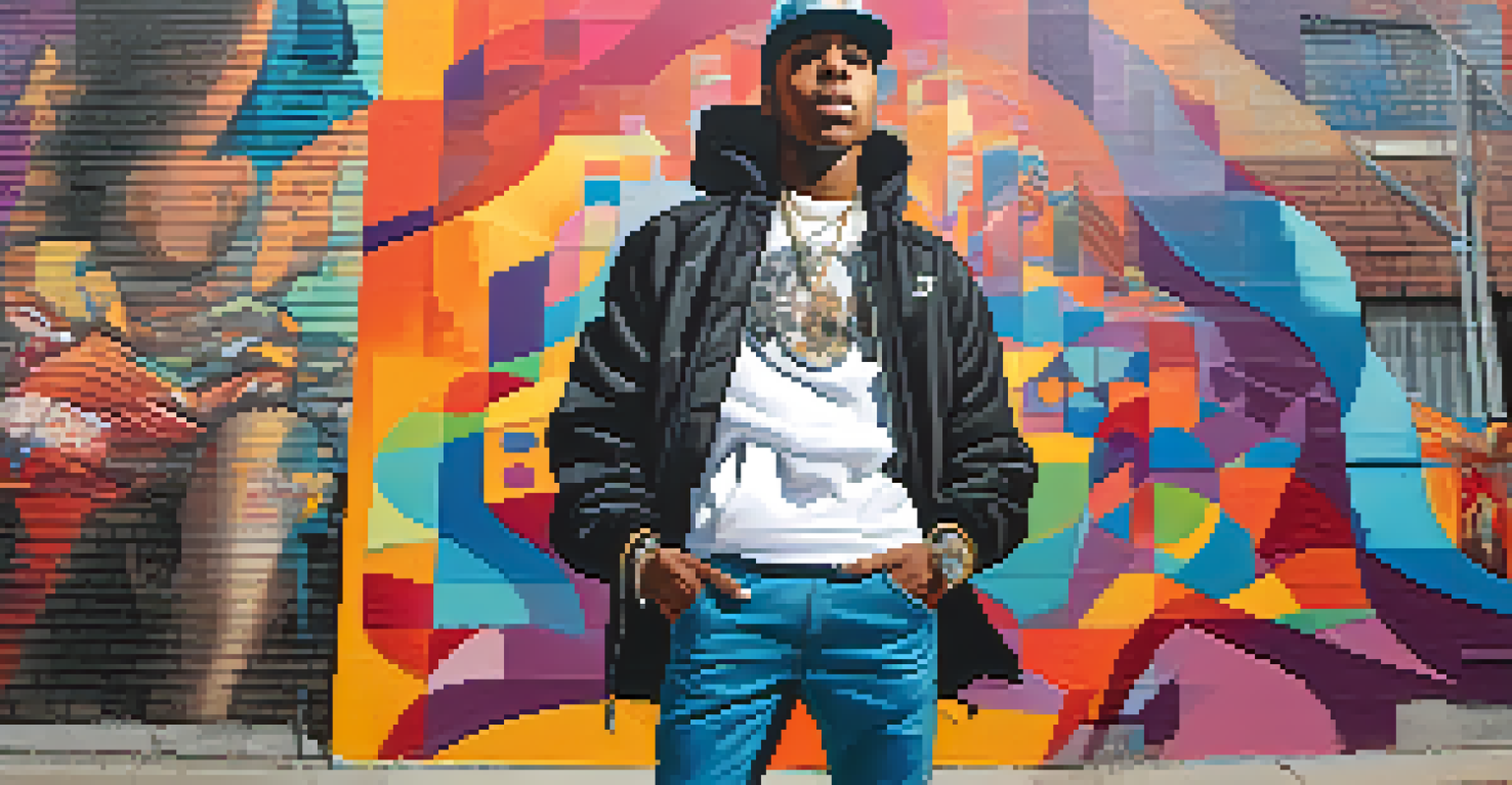A young hip-hop artist in front of a mural of Motown legends, showcasing pride in music heritage.
