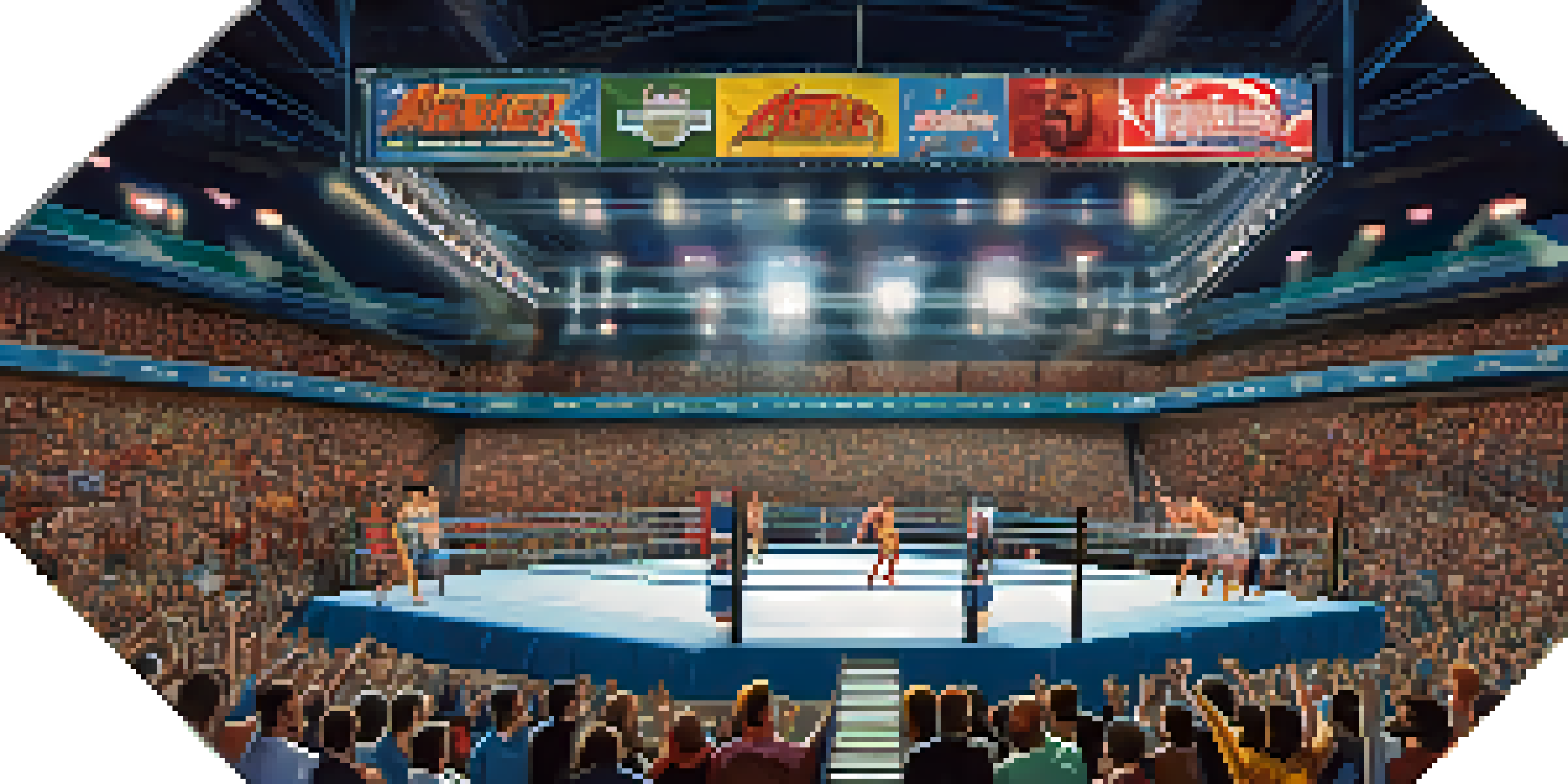 A lively wrestling arena in Detroit with enthusiastic fans, bright lights, and wrestlers performing in the ring.